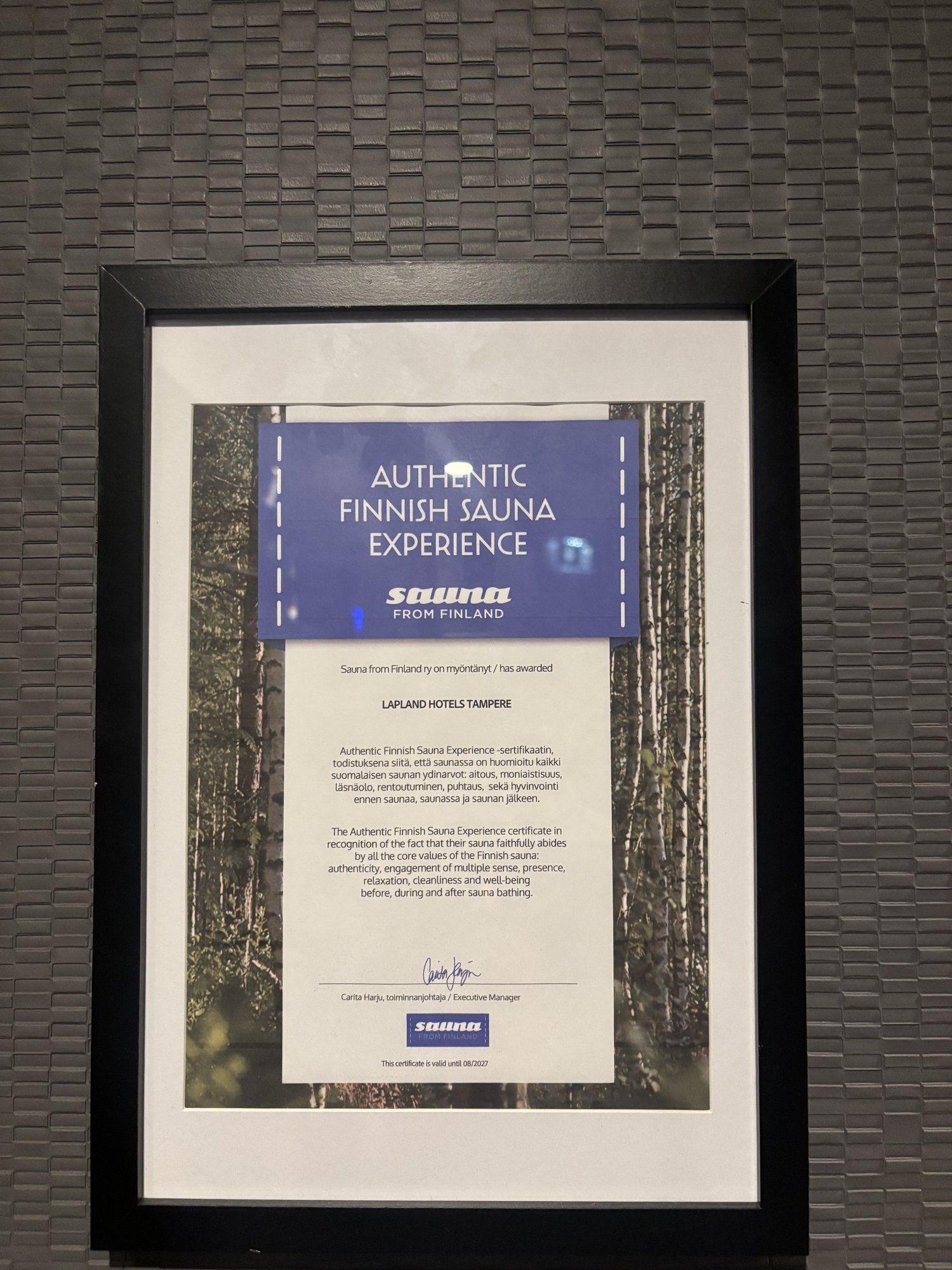 Sauna from Finlandによる「Authentic Finnish Sauna Experience」認定証(ラップランドホテルタンペレ)